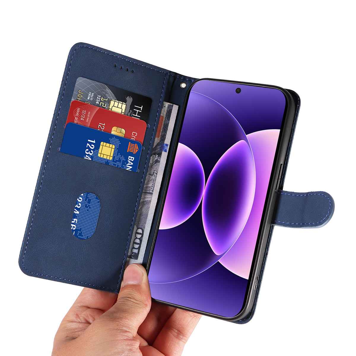 For Xiaomi 17 Pro Wallet Case Leather Phone Cover Stand with Curved Line Design - Blue