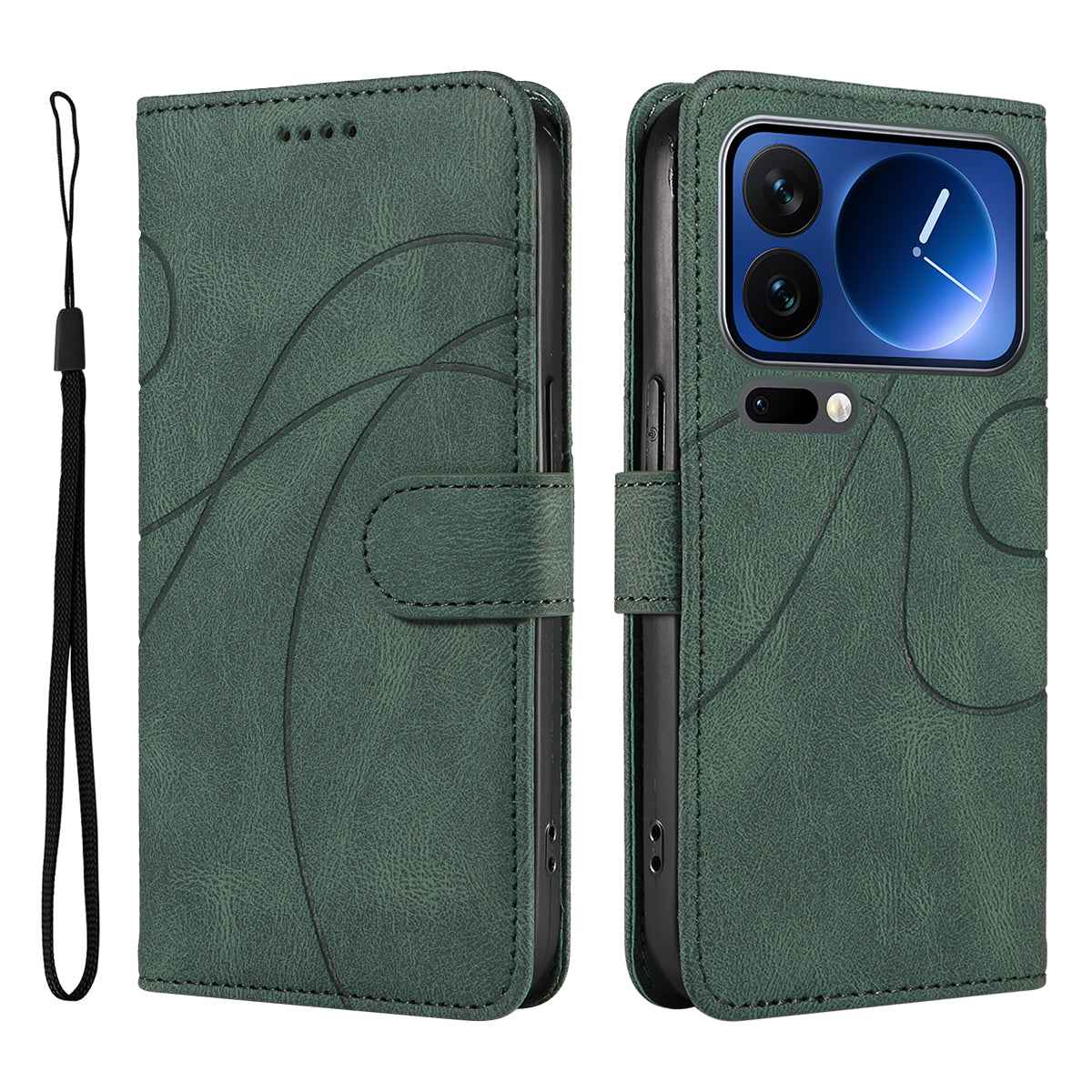For Xiaomi 17 Pro Wallet Case Leather Phone Cover Stand with Curved Line Design - Green