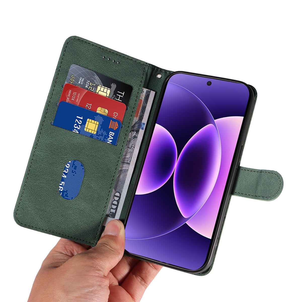 For Xiaomi 17 Pro Wallet Case Leather Phone Cover Stand with Curved Line Design - Green