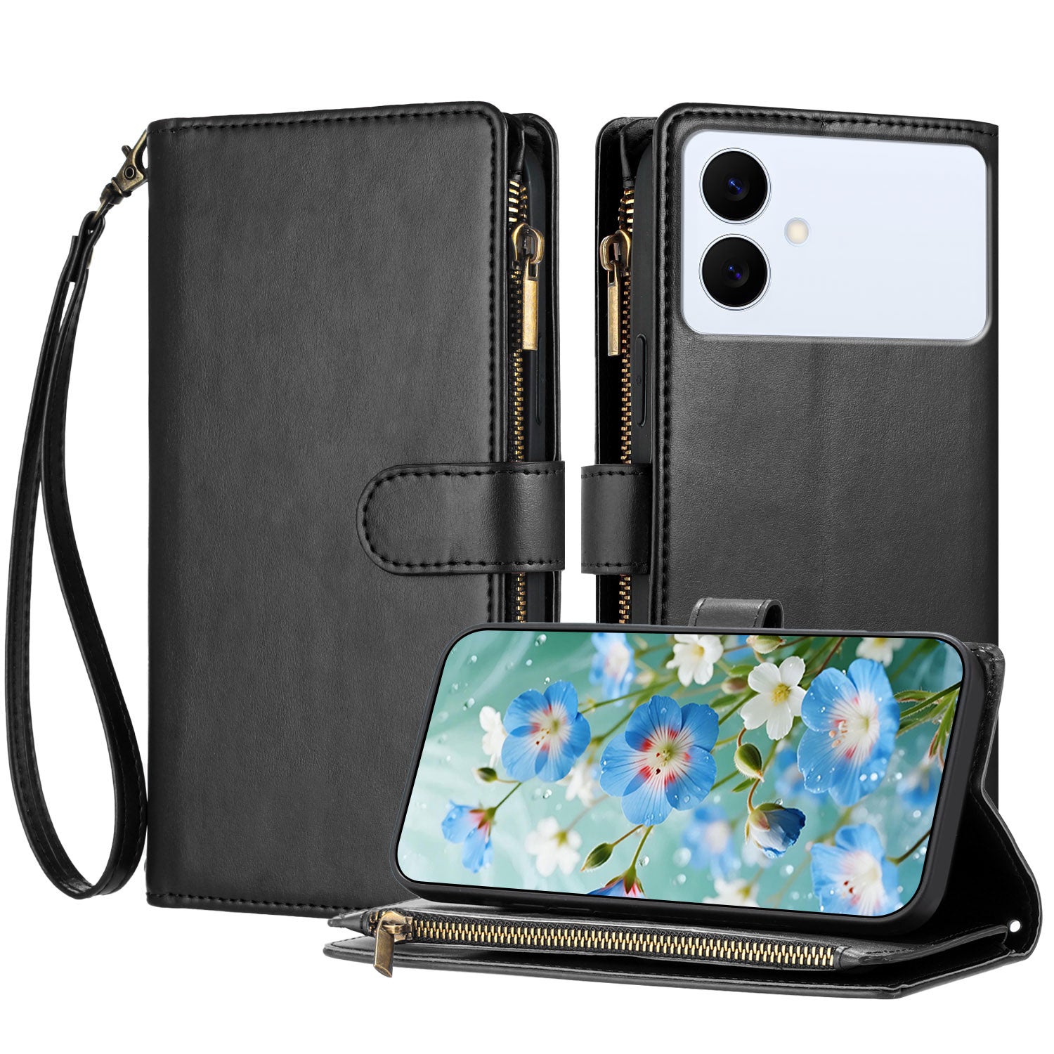 For-Samsung-Galaxy-S26-Edge-Leather-Case-Zipper-Wallet-Stand-Shockproof-Phone-Cover-with-Wrist-Strap-Black