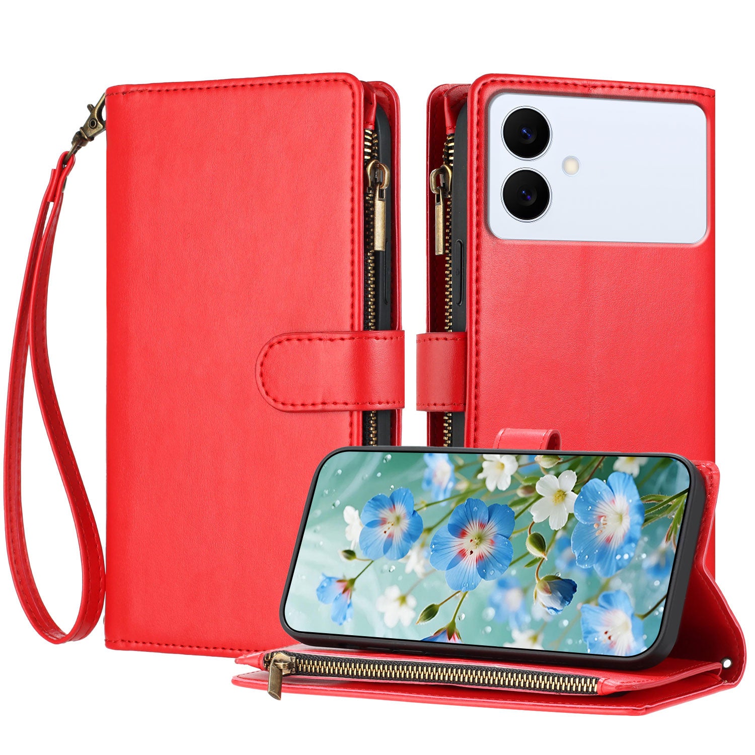 For-Samsung-Galaxy-S26-Edge-Leather-Case-Zipper-Wallet-Stand-Shockproof-Phone-Cover-with-Wrist-Strap-Red