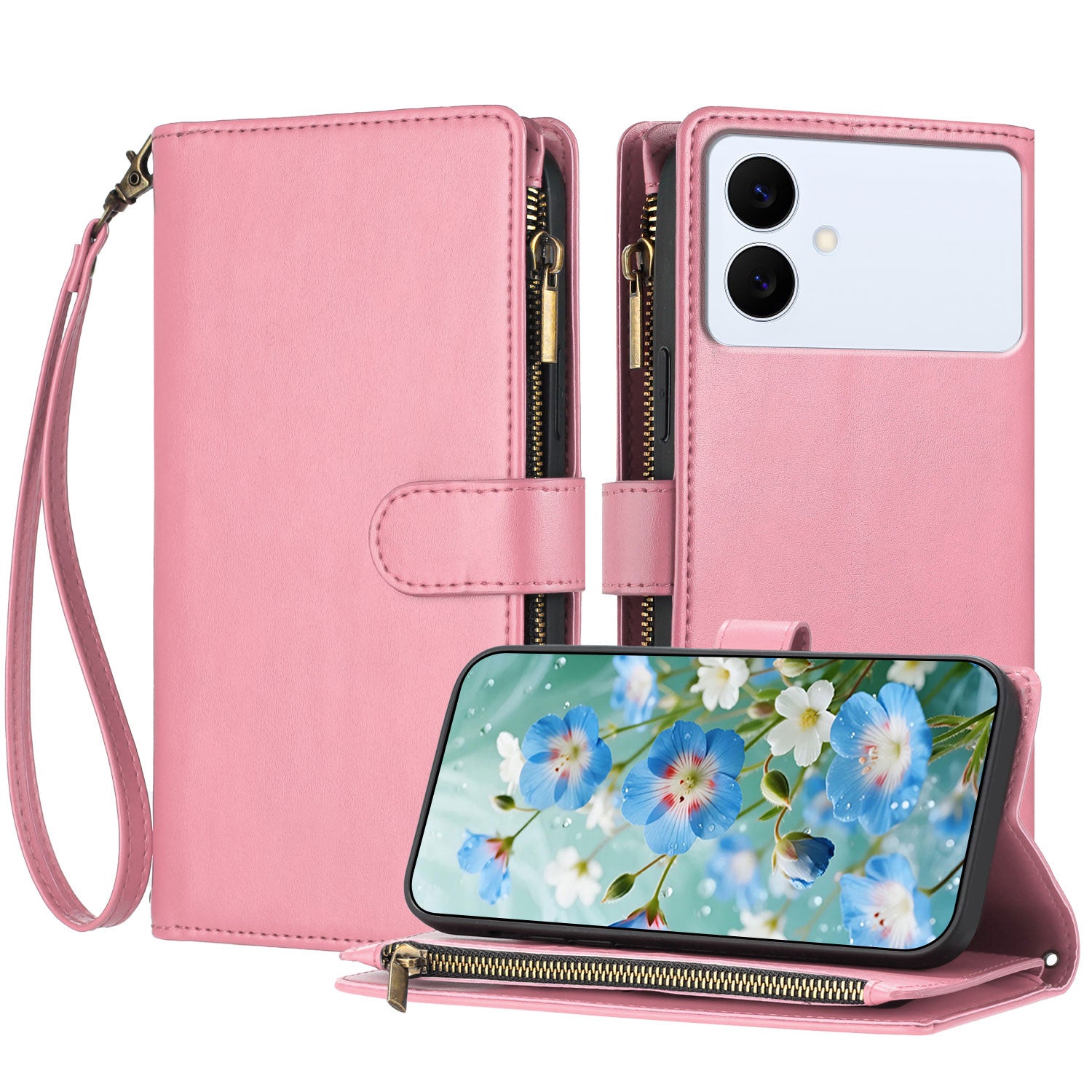 For-Samsung-Galaxy-S26-Edge-Leather-Case-Zipper-Wallet-Stand-Shockproof-Phone-Cover-with-Wrist-Strap-Pink