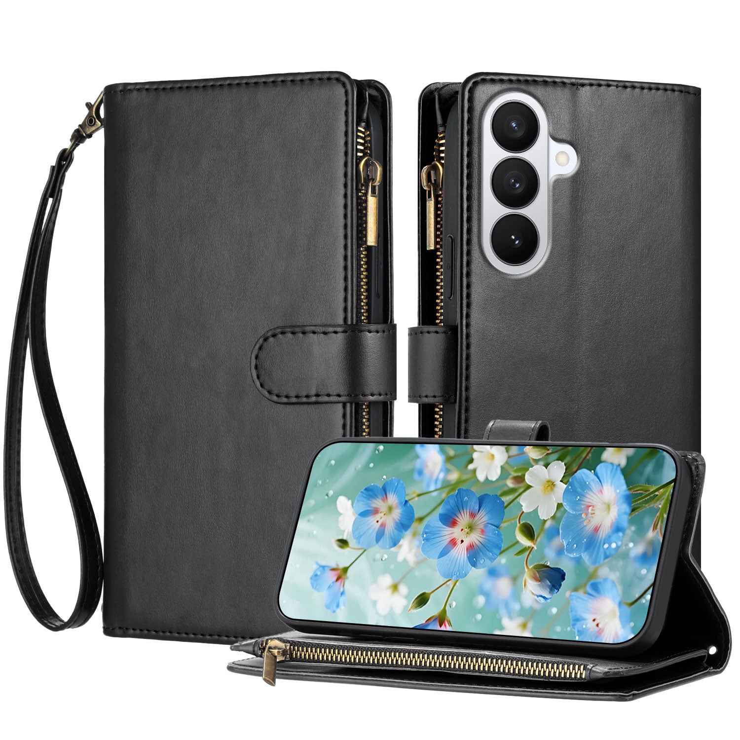 For-Samsung-Galaxy-S26-Pro-Leather-Case-Zipper-Wallet-Stand-Shockproof-Phone-Cover-with-Wrist-Strap-Black