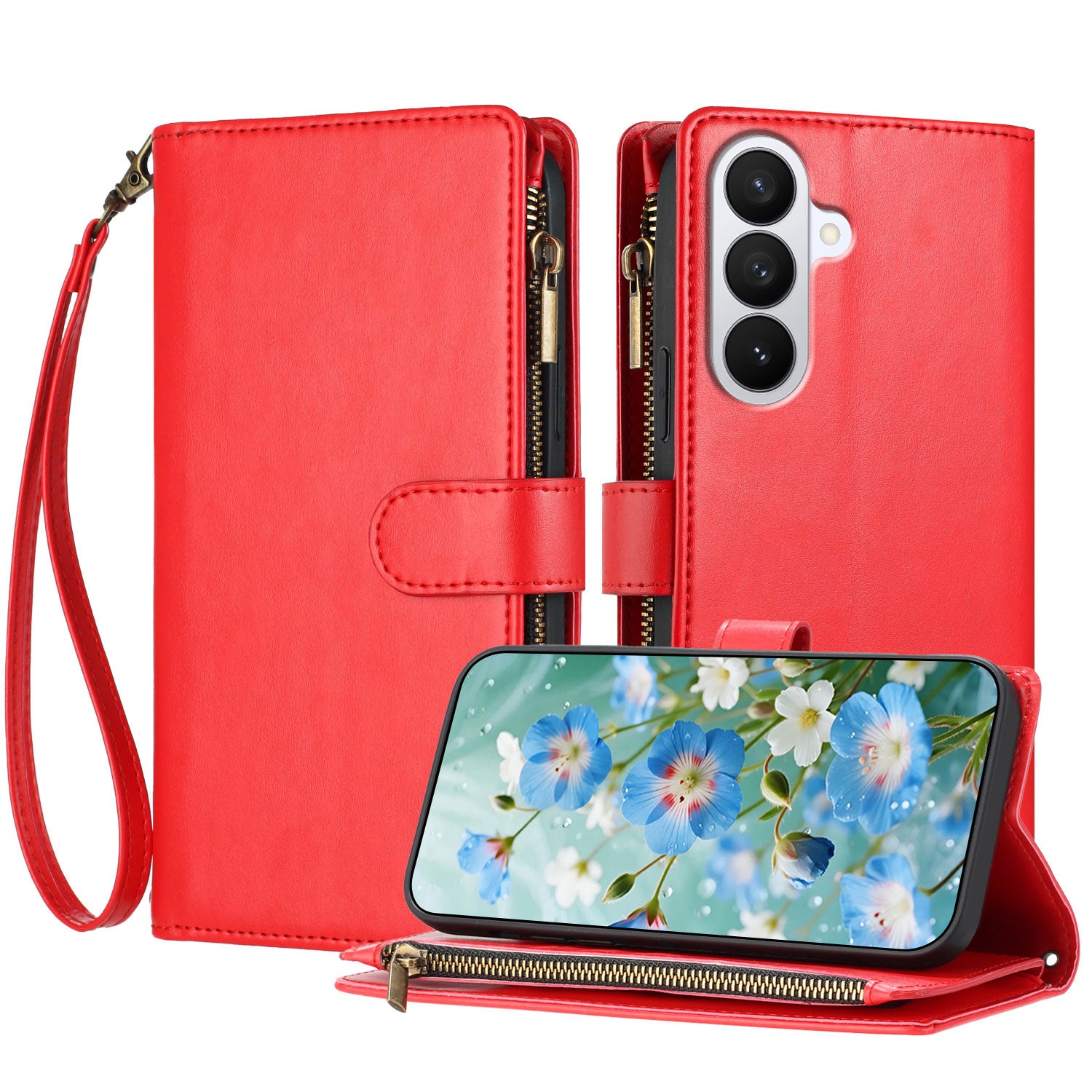For-Samsung-Galaxy-S26-Pro-Leather-Case-Zipper-Wallet-Stand-Shockproof-Phone-Cover-with-Wrist-Strap-Red