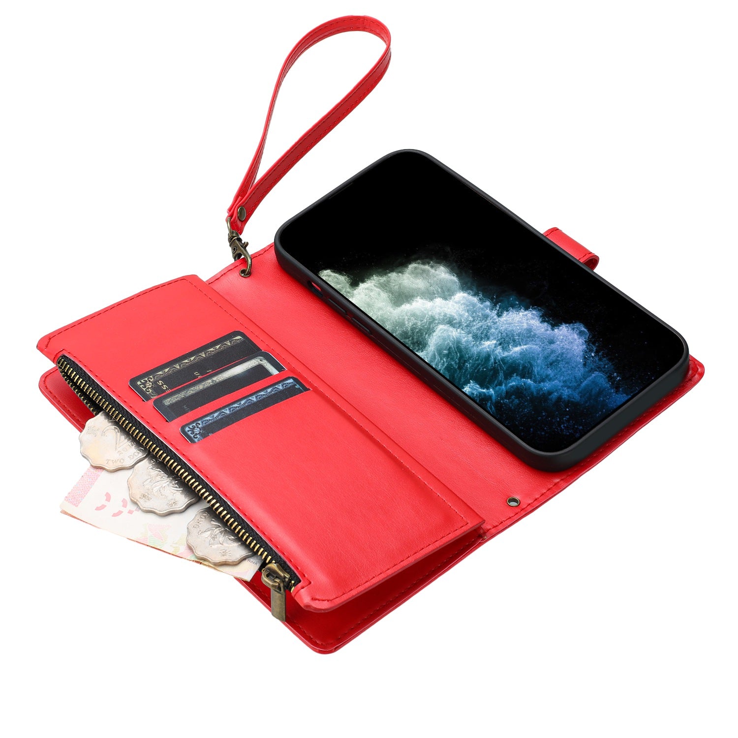 For-Samsung-Galaxy-S26-Pro-Leather-Case-Zipper-Wallet-Stand-Shockproof-Phone-Cover-with-Wrist-Strap-Red