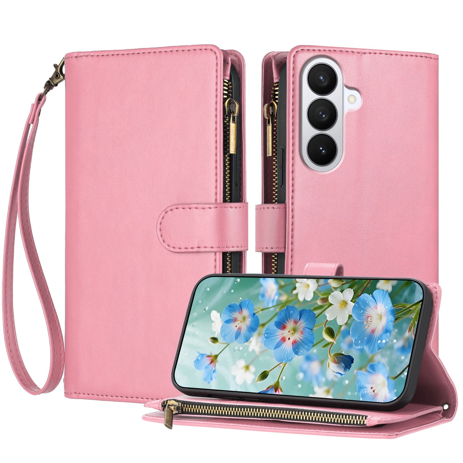 For-Samsung-Galaxy-S26-Pro-Leather-Case-Zipper-Wallet-Stand-Shockproof-Phone-Cover-with-Wrist-Strap-Pink