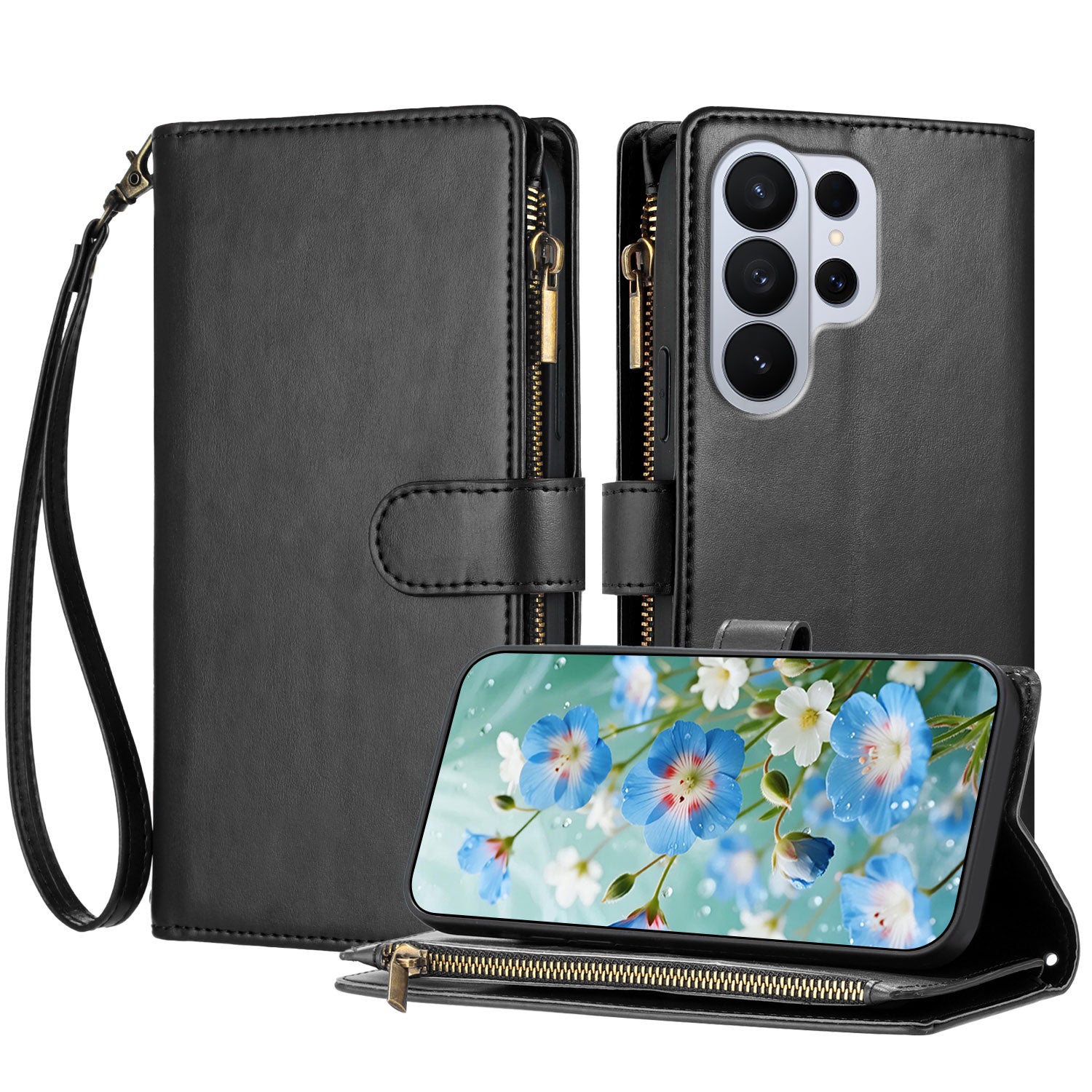For-Samsung-Galaxy-S26-Ultra-Leather-Case-Zipper-Wallet-Stand-Shockproof-Phone-Cover-with-Wrist-Strap-Black