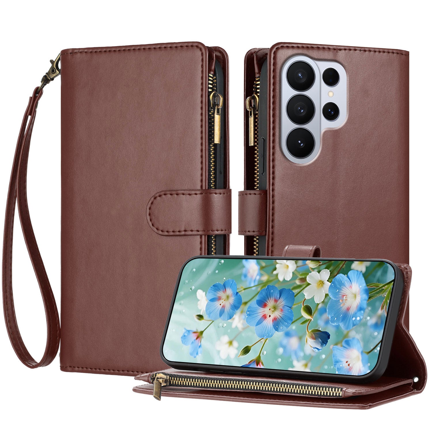 For-Samsung-Galaxy-S26-Ultra-Leather-Case-Zipper-Wallet-Stand-Shockproof-Phone-Cover-with-Wrist-Strap-Brown