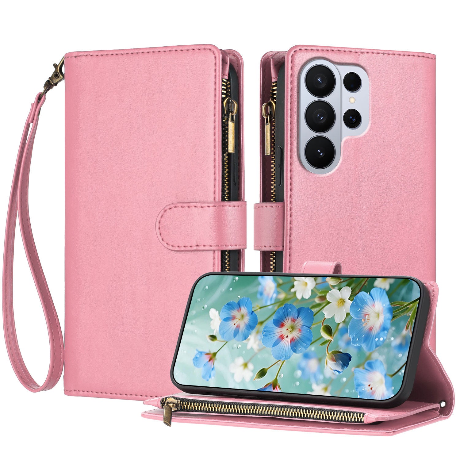 For-Samsung-Galaxy-S26-Ultra-Leather-Case-Zipper-Wallet-Stand-Shockproof-Phone-Cover-with-Wrist-Strap-Pink