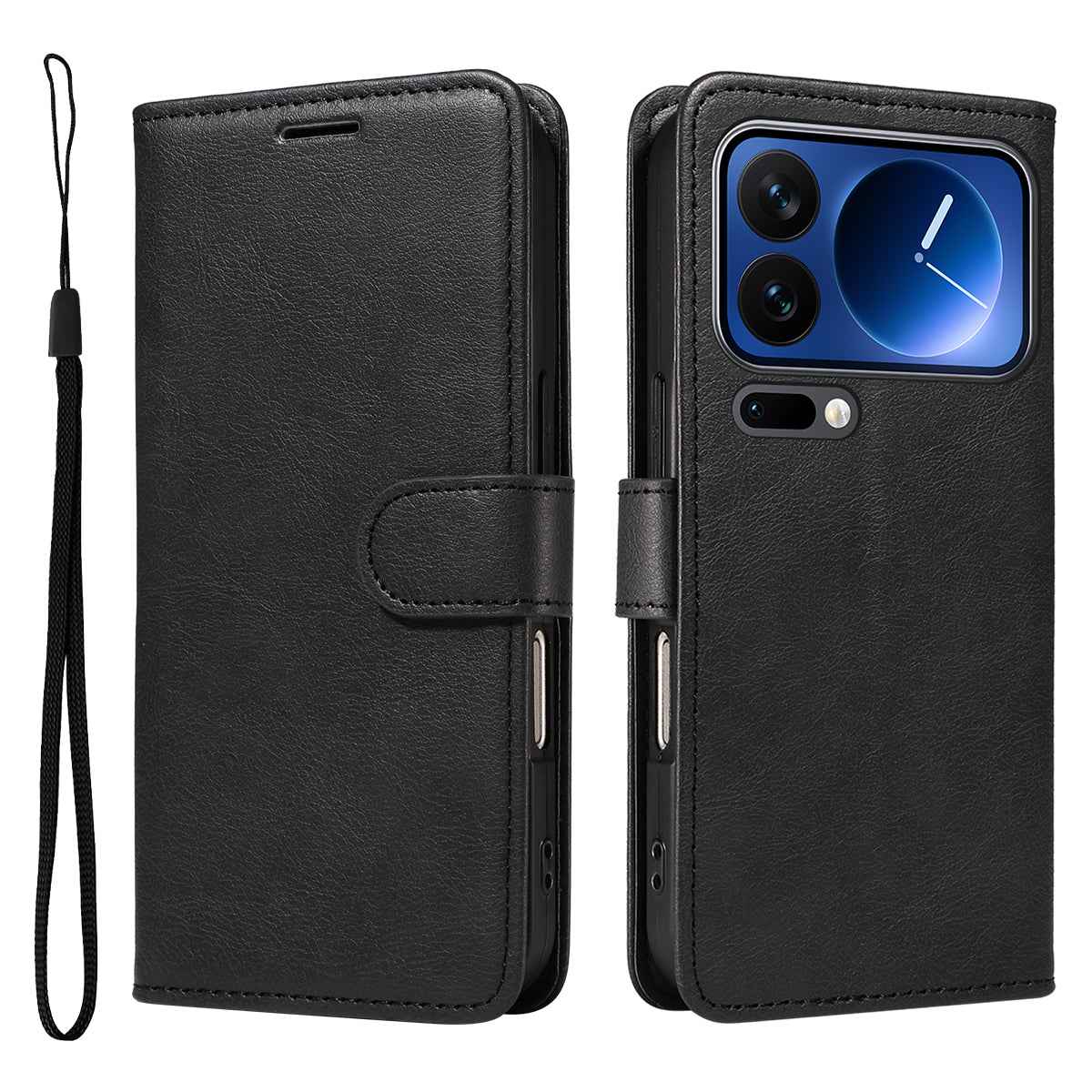 For Xiaomi 17 Pro Leather Wallet Case with Strap Solid Color Phone Stand Cover - Black