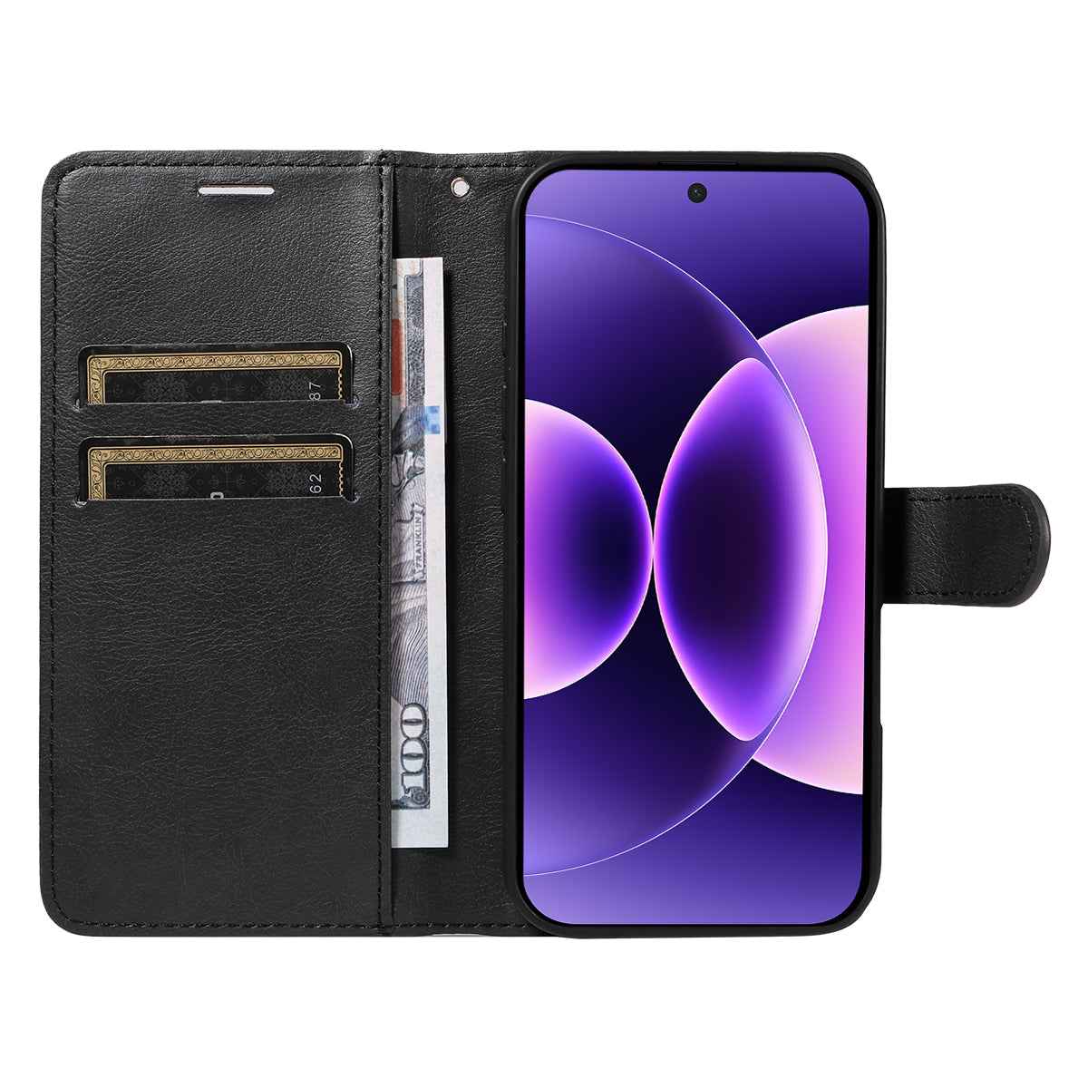 For Xiaomi 17 Pro Leather Wallet Case with Strap Solid Color Phone Stand Cover - Black