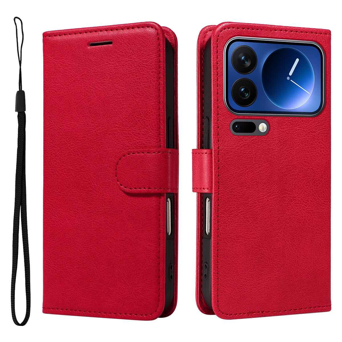 For Xiaomi 17 Pro Leather Wallet Case with Strap Solid Color Phone Stand Cover - Red