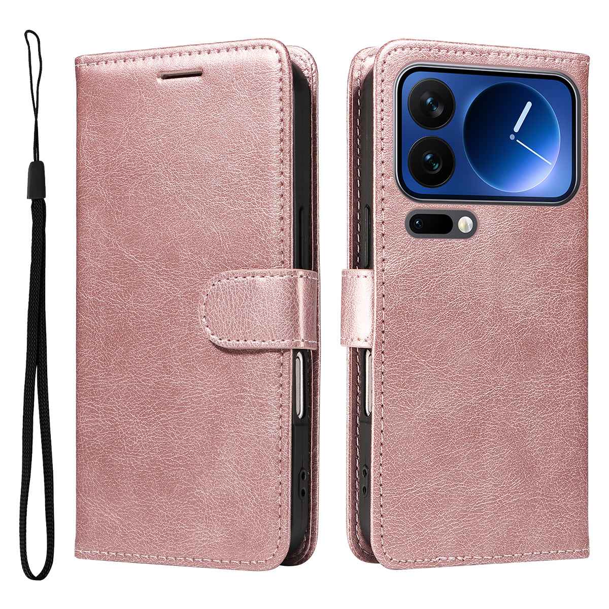 For Xiaomi 17 Pro Leather Wallet Case with Strap Solid Color Phone Stand Cover - Rose Gold