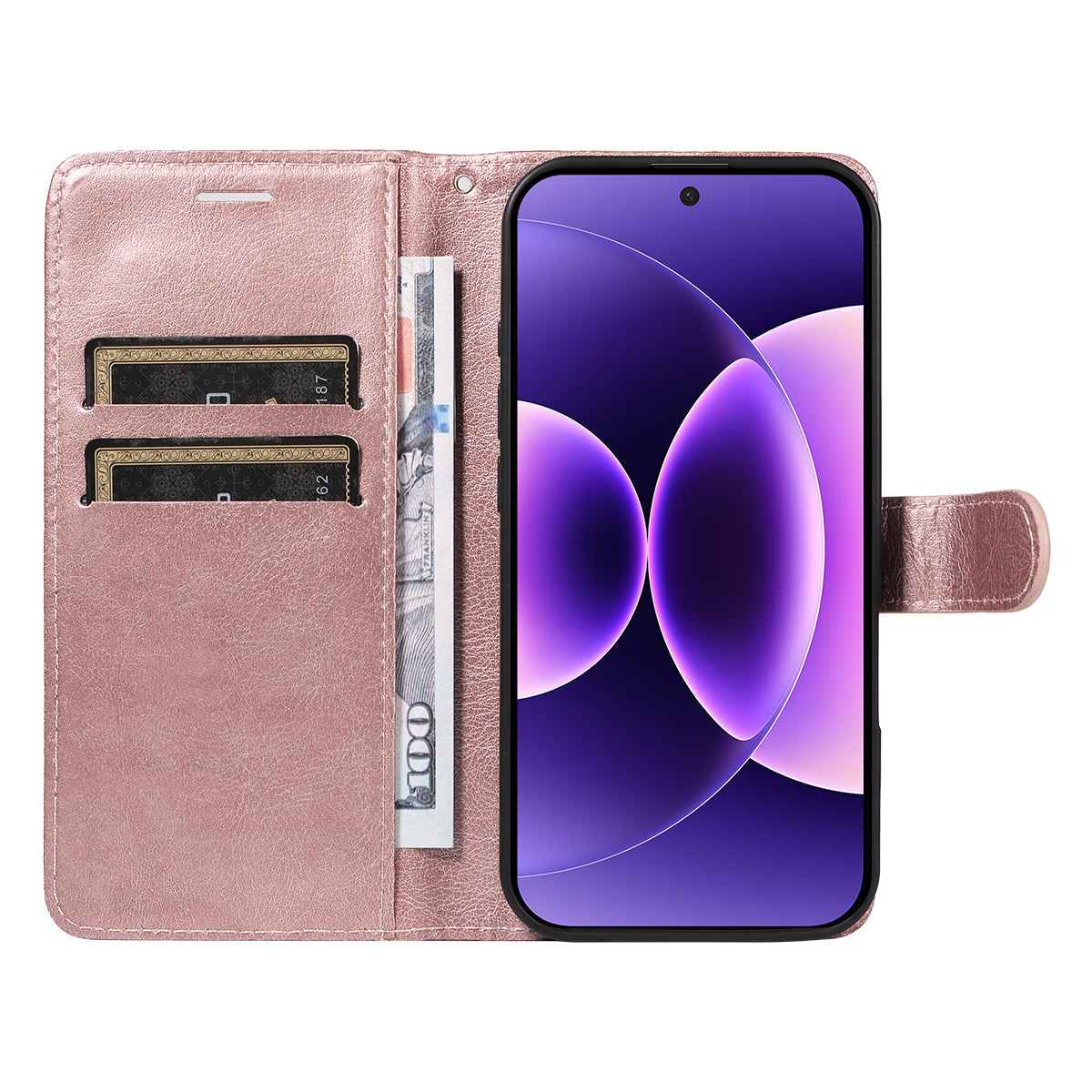 For Xiaomi 17 Pro Leather Wallet Case with Strap Solid Color Phone Stand Cover - Rose Gold