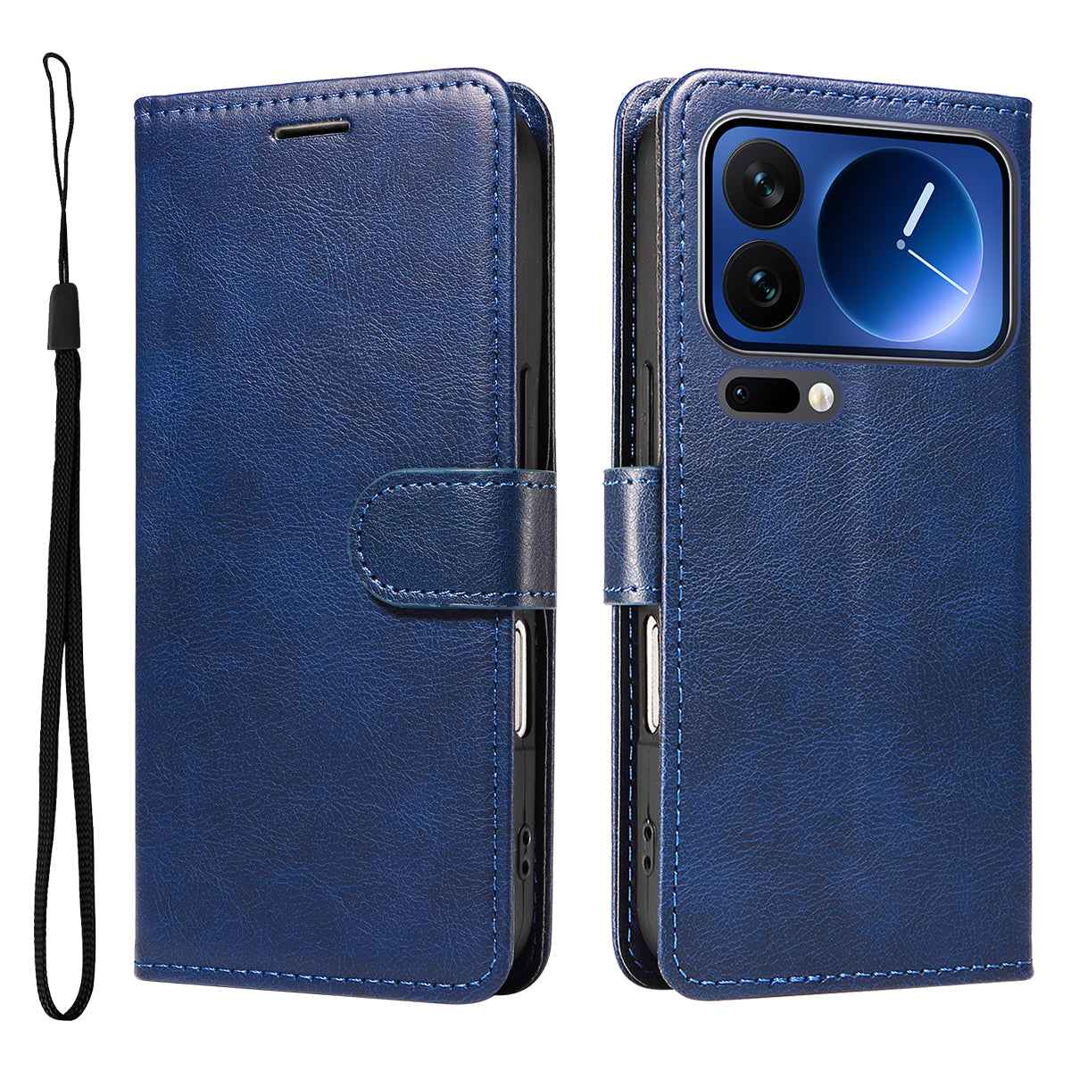 For Xiaomi 17 Pro Leather Wallet Case with Strap Solid Color Phone Stand Cover - Blue