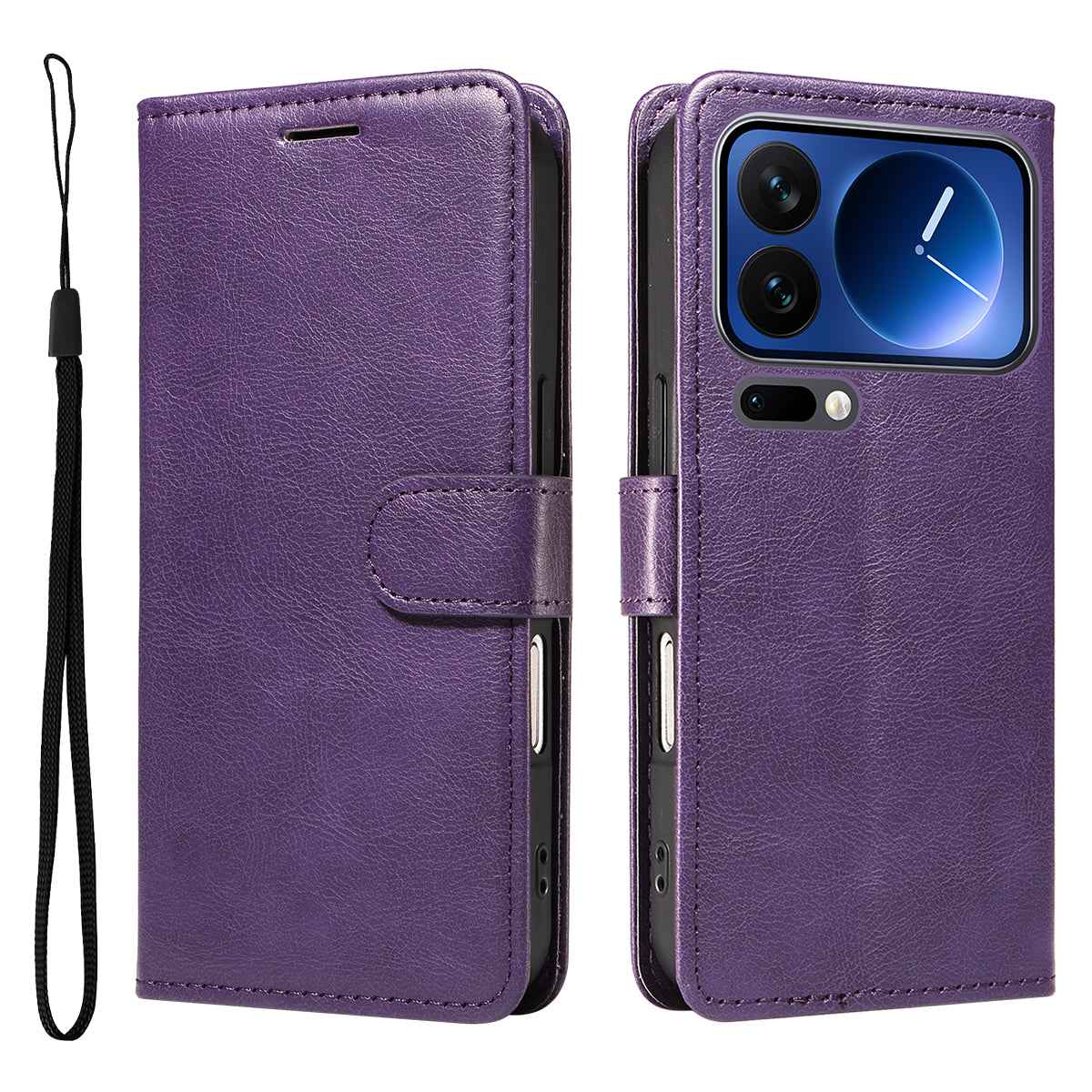 For Xiaomi 17 Pro Leather Wallet Case with Strap Solid Color Phone Stand Cover - Purple