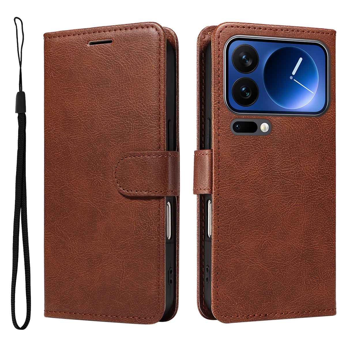 For Xiaomi 17 Pro Leather Wallet Case with Strap Solid Color Phone Stand Cover - Brown