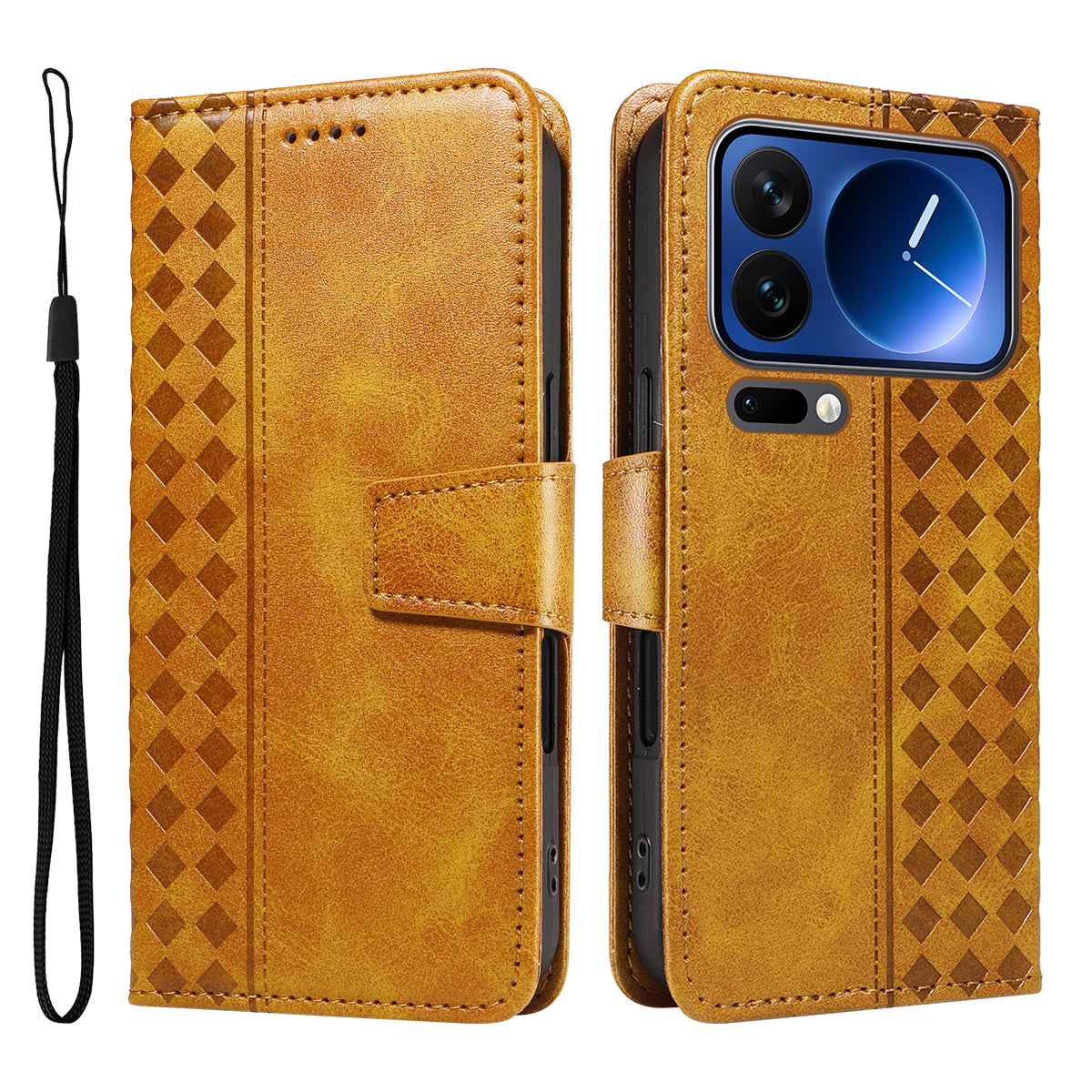 For Xiaomi 17 Pro Leather Case Wallet Stand Grids Imprinted Phone Cover with Strap - Yellow