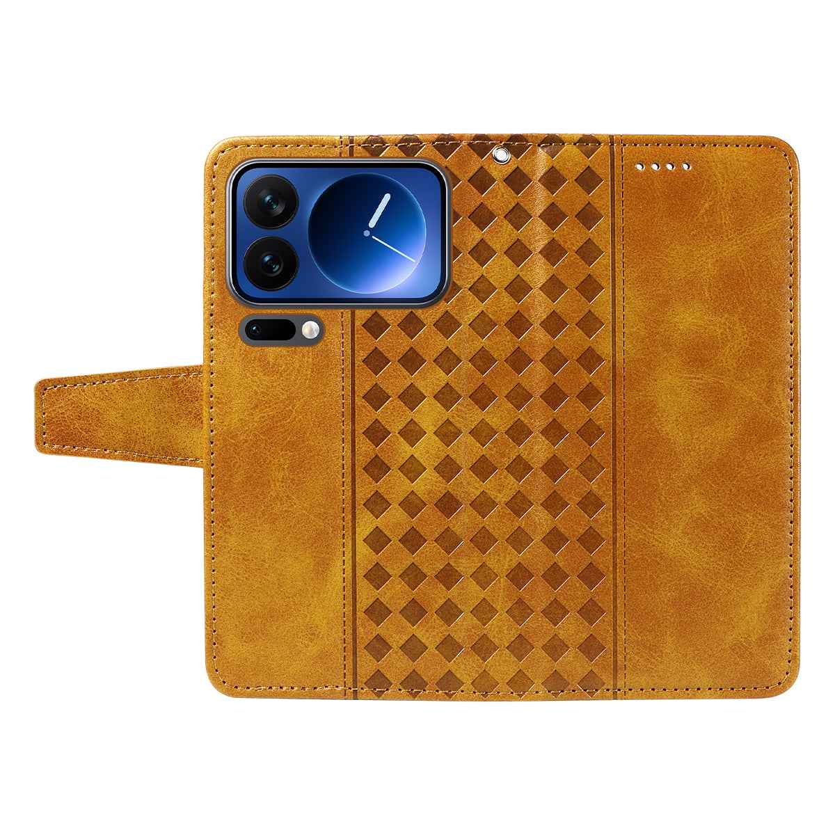For Xiaomi 17 Pro Leather Case Wallet Stand Grids Imprinted Phone Cover with Strap - Yellow