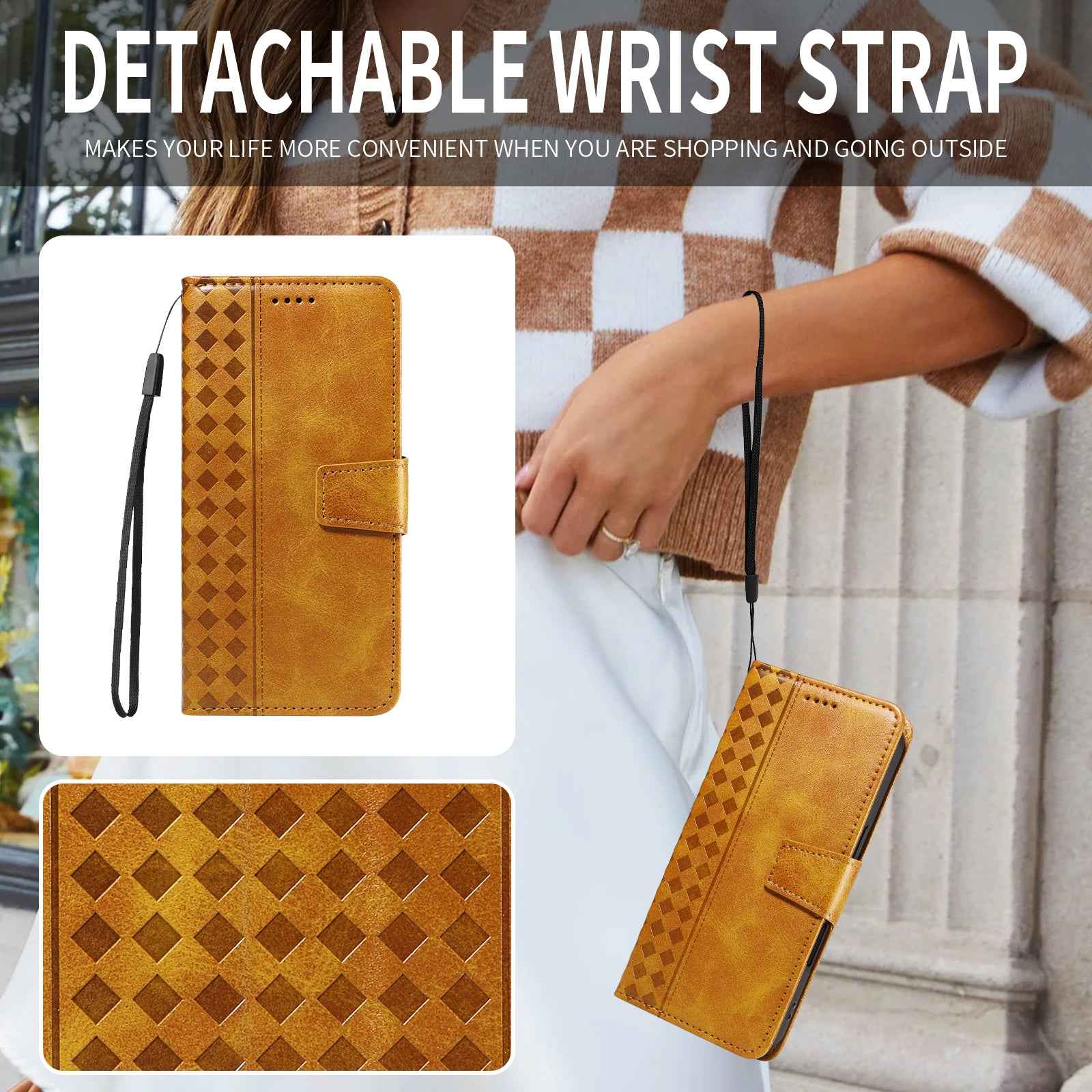 For Xiaomi 17 Pro Leather Case Wallet Stand Grids Imprinted Phone Cover with Strap - Yellow