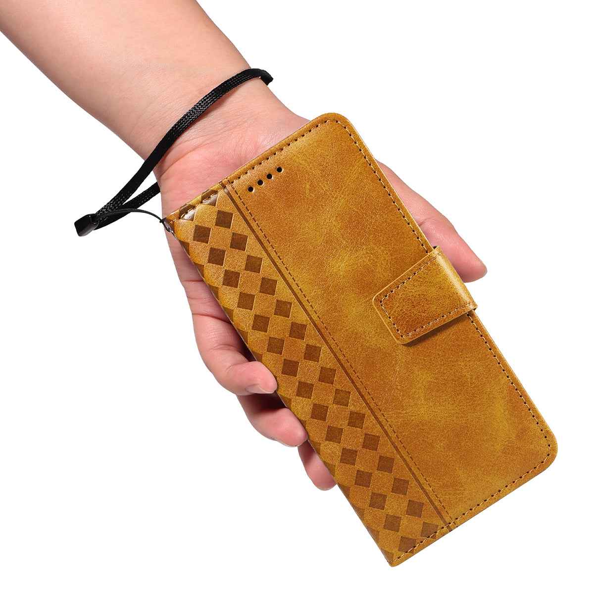 For Xiaomi 17 Pro Leather Case Wallet Stand Grids Imprinted Phone Cover with Strap - Yellow