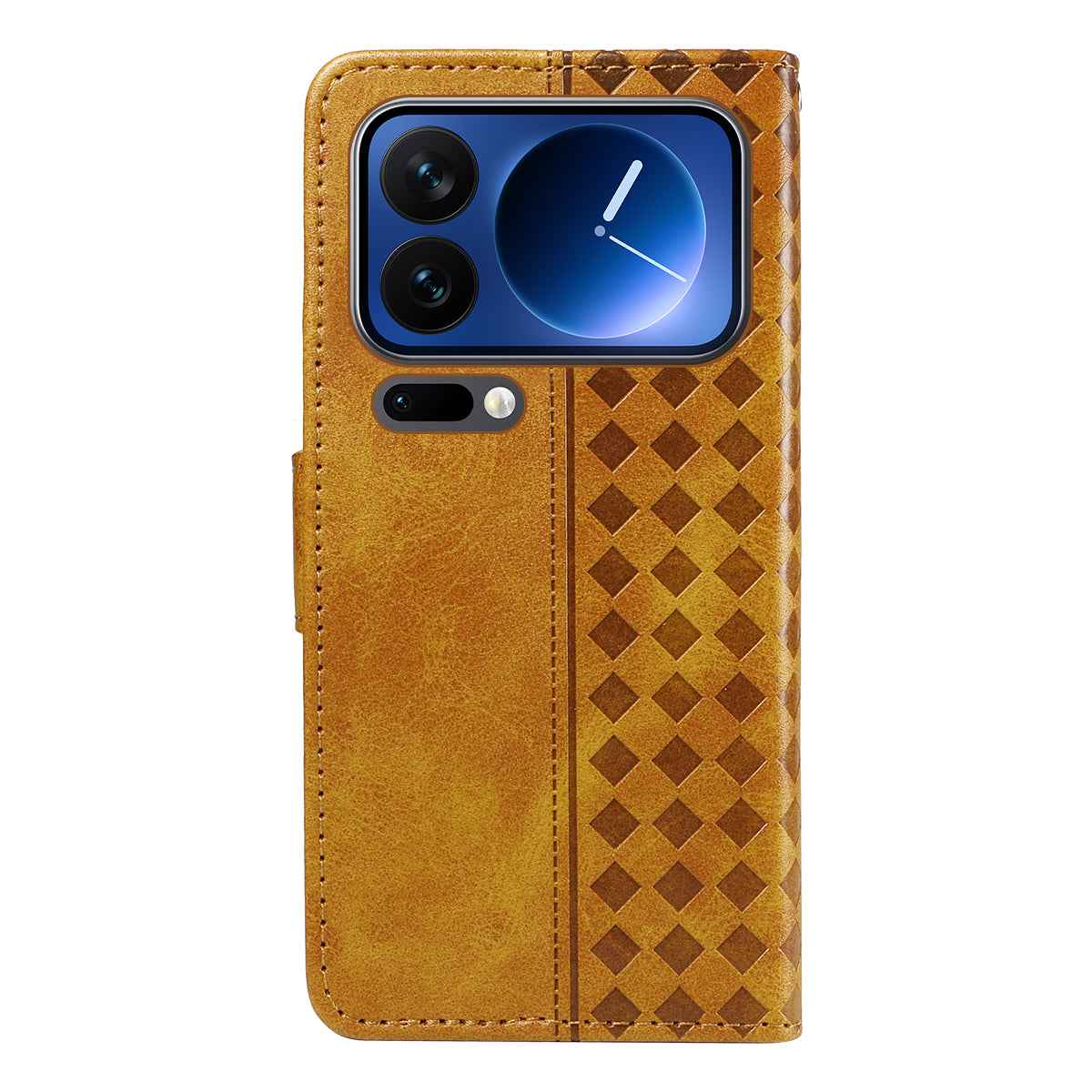 For Xiaomi 17 Pro Leather Case Wallet Stand Grids Imprinted Phone Cover with Strap - Yellow