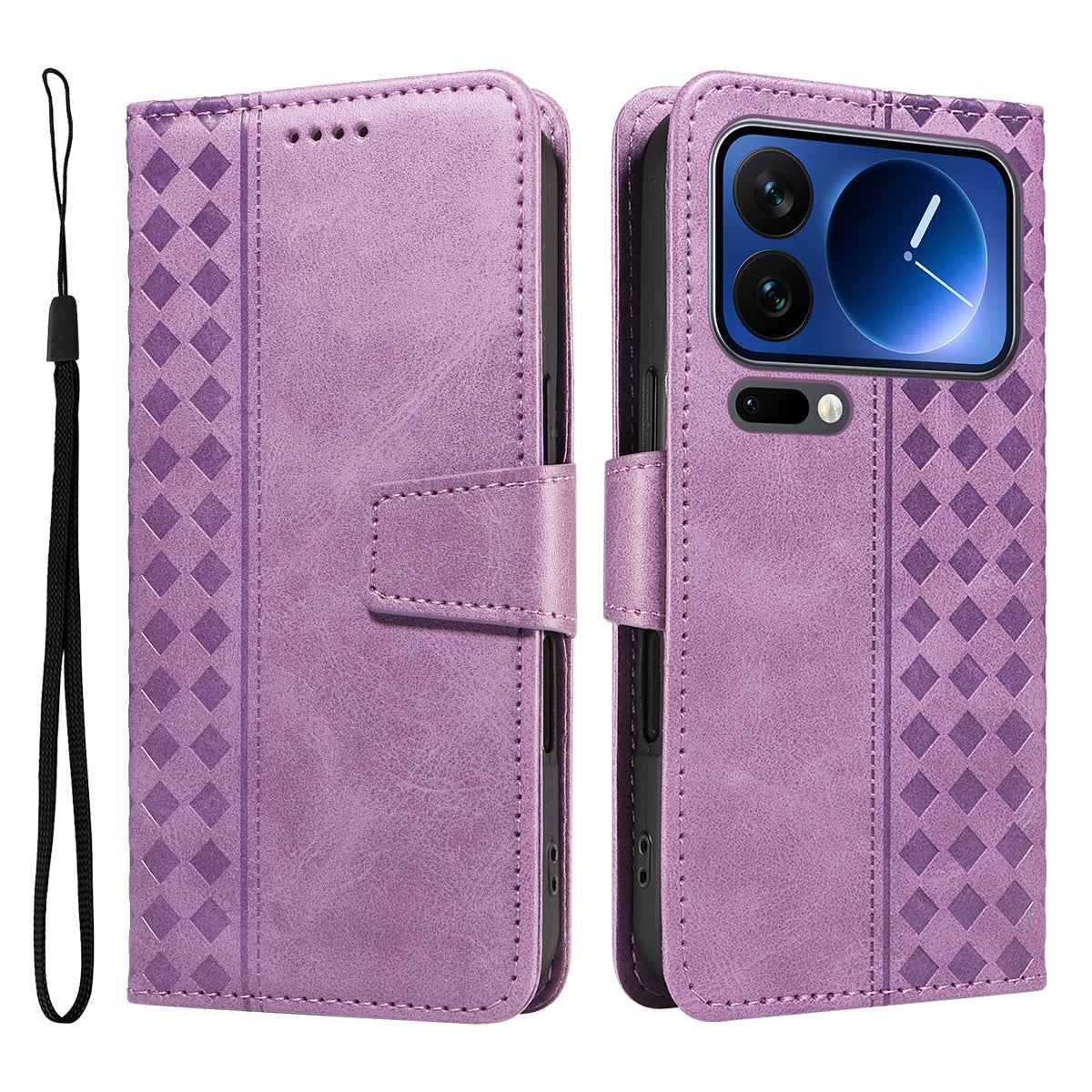 For Xiaomi 17 Pro Leather Case Wallet Stand Grids Imprinted Phone Cover with Strap - Light Purple