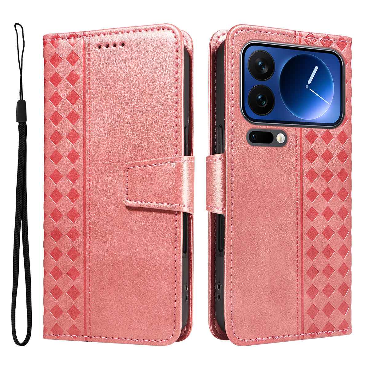 For Xiaomi 17 Pro Leather Case Wallet Stand Grids Imprinted Phone Cover with Strap - Rose Gold