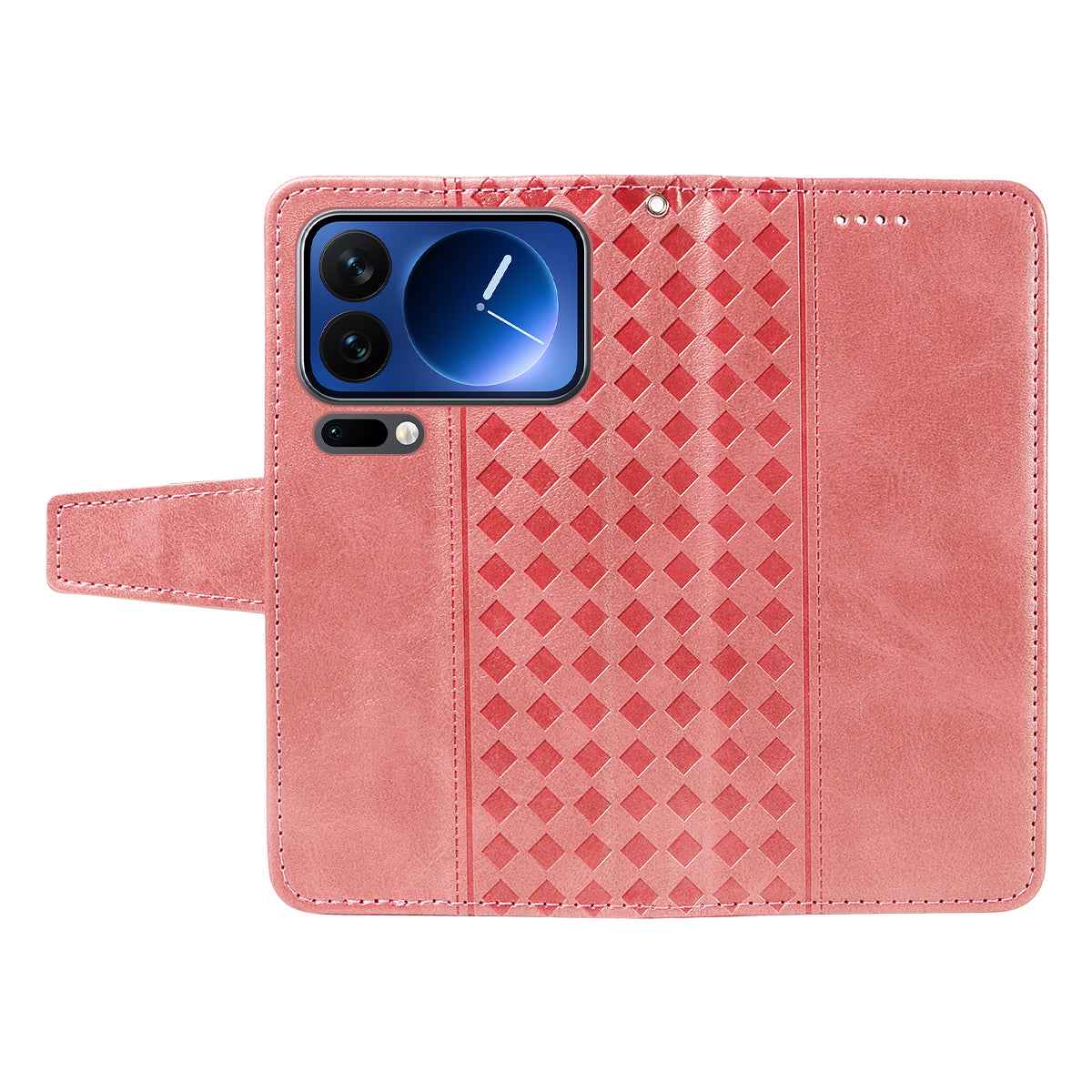 For Xiaomi 17 Pro Leather Case Wallet Stand Grids Imprinted Phone Cover with Strap - Rose Gold