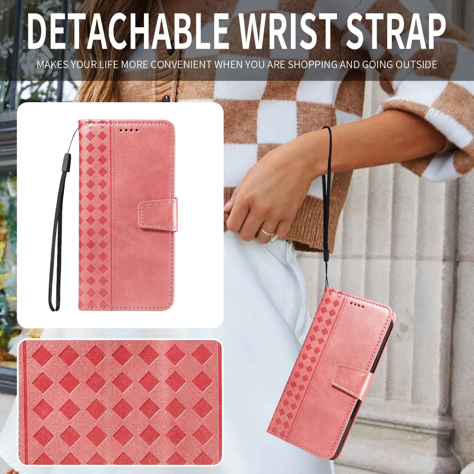 For Xiaomi 17 Pro Leather Case Wallet Stand Grids Imprinted Phone Cover with Strap - Rose Gold