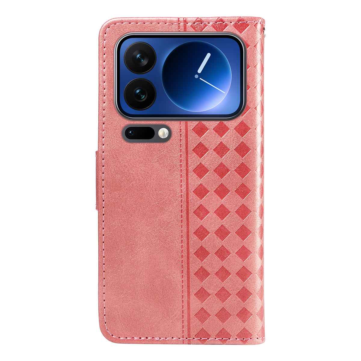 For Xiaomi 17 Pro Leather Case Wallet Stand Grids Imprinted Phone Cover with Strap - Rose Gold