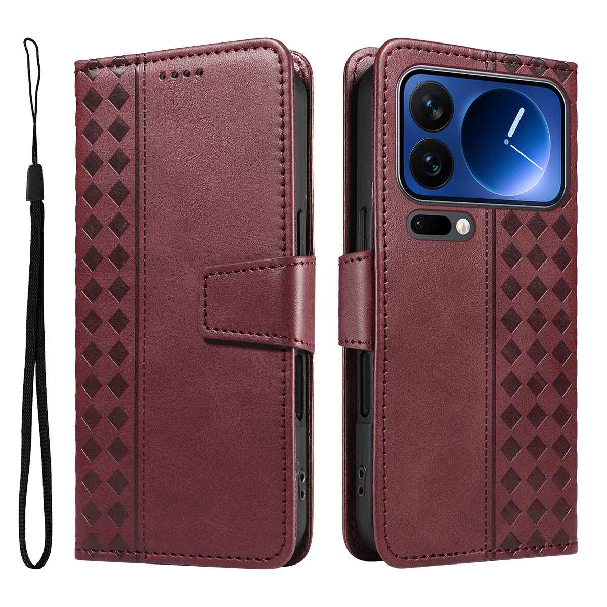For Xiaomi 17 Pro Leather Case Wallet Stand Grids Imprinted Phone Cover with Strap -  Wine Red