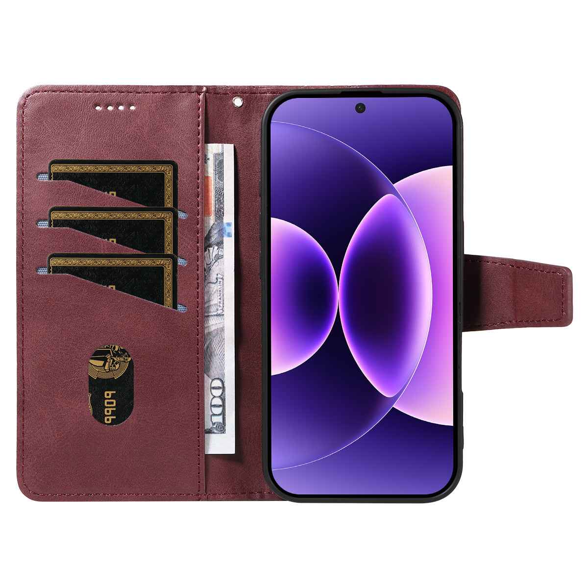 For Xiaomi 17 Pro Leather Case Wallet Stand Grids Imprinted Phone Cover with Strap -  Wine Red
