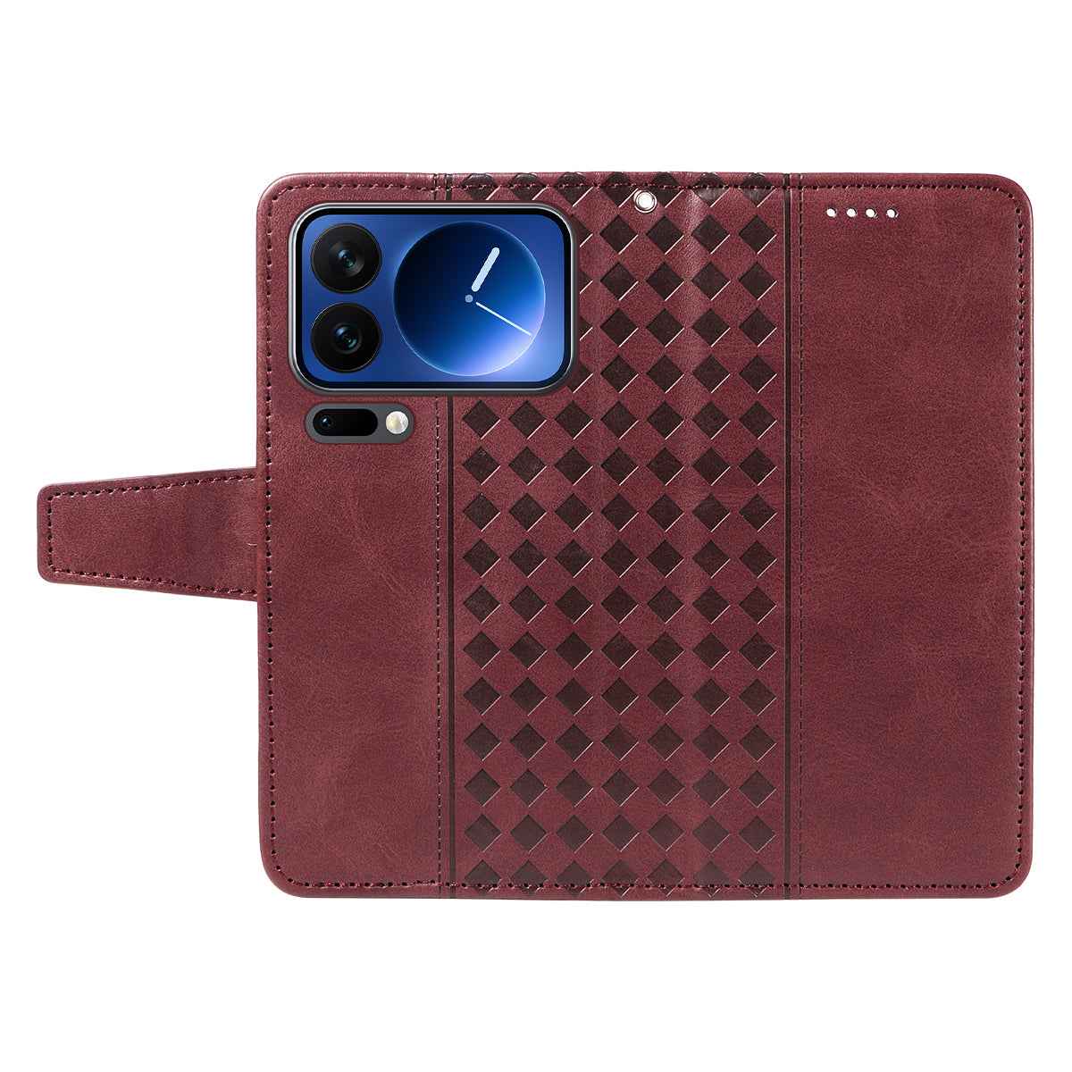For Xiaomi 17 Pro Leather Case Wallet Stand Grids Imprinted Phone Cover with Strap -  Wine Red