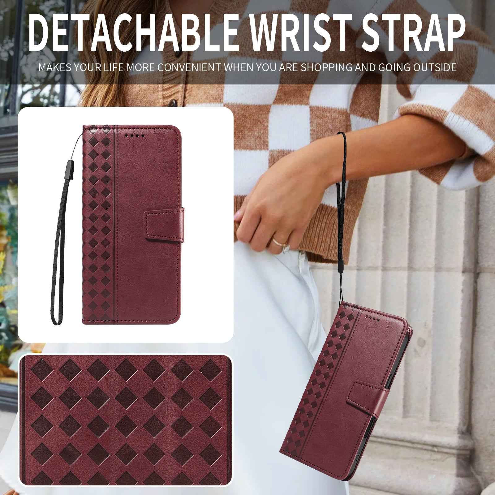 For Xiaomi 17 Pro Leather Case Wallet Stand Grids Imprinted Phone Cover with Strap -  Wine Red