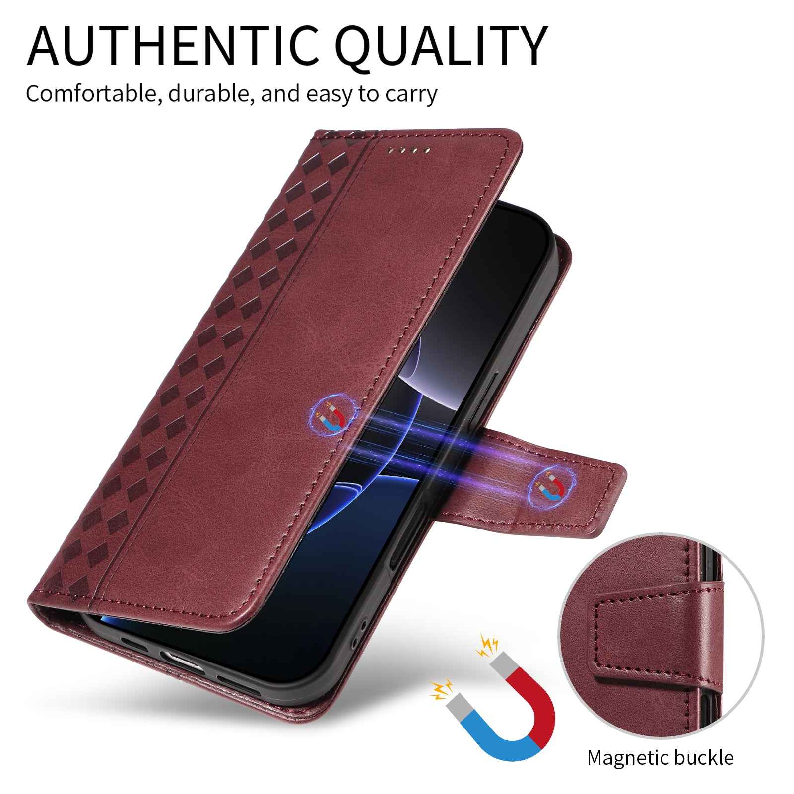 For Xiaomi 17 Pro Leather Case Wallet Stand Grids Imprinted Phone Cover with Strap -  Wine Red