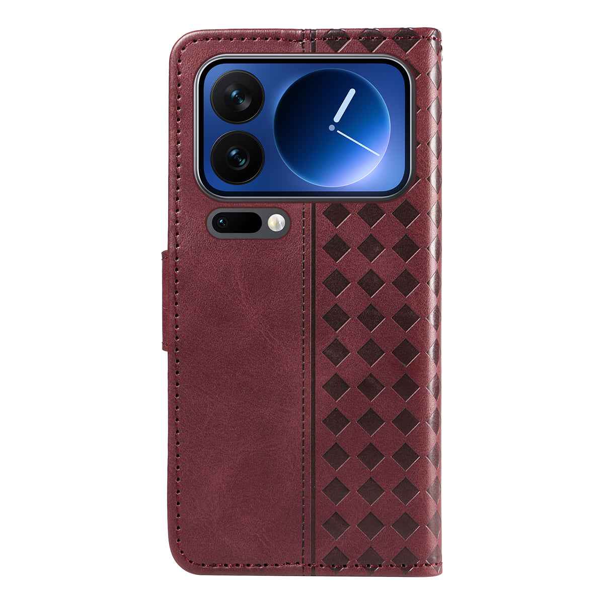 For Xiaomi 17 Pro Leather Case Wallet Stand Grids Imprinted Phone Cover with Strap -  Wine Red