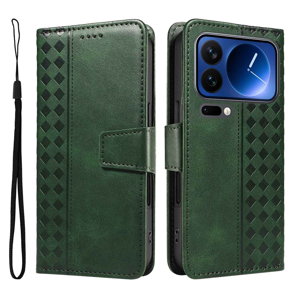 For Xiaomi 17 Pro Leather Case Wallet Stand Grids Imprinted Phone Cover with Strap - Green