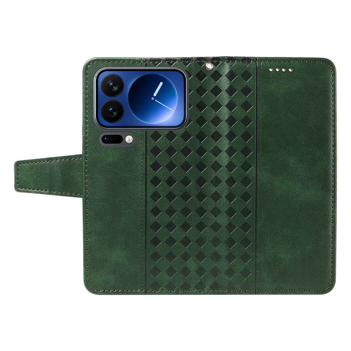 For Xiaomi 17 Pro Leather Case Wallet Stand Grids Imprinted Phone Cover with Strap - Green