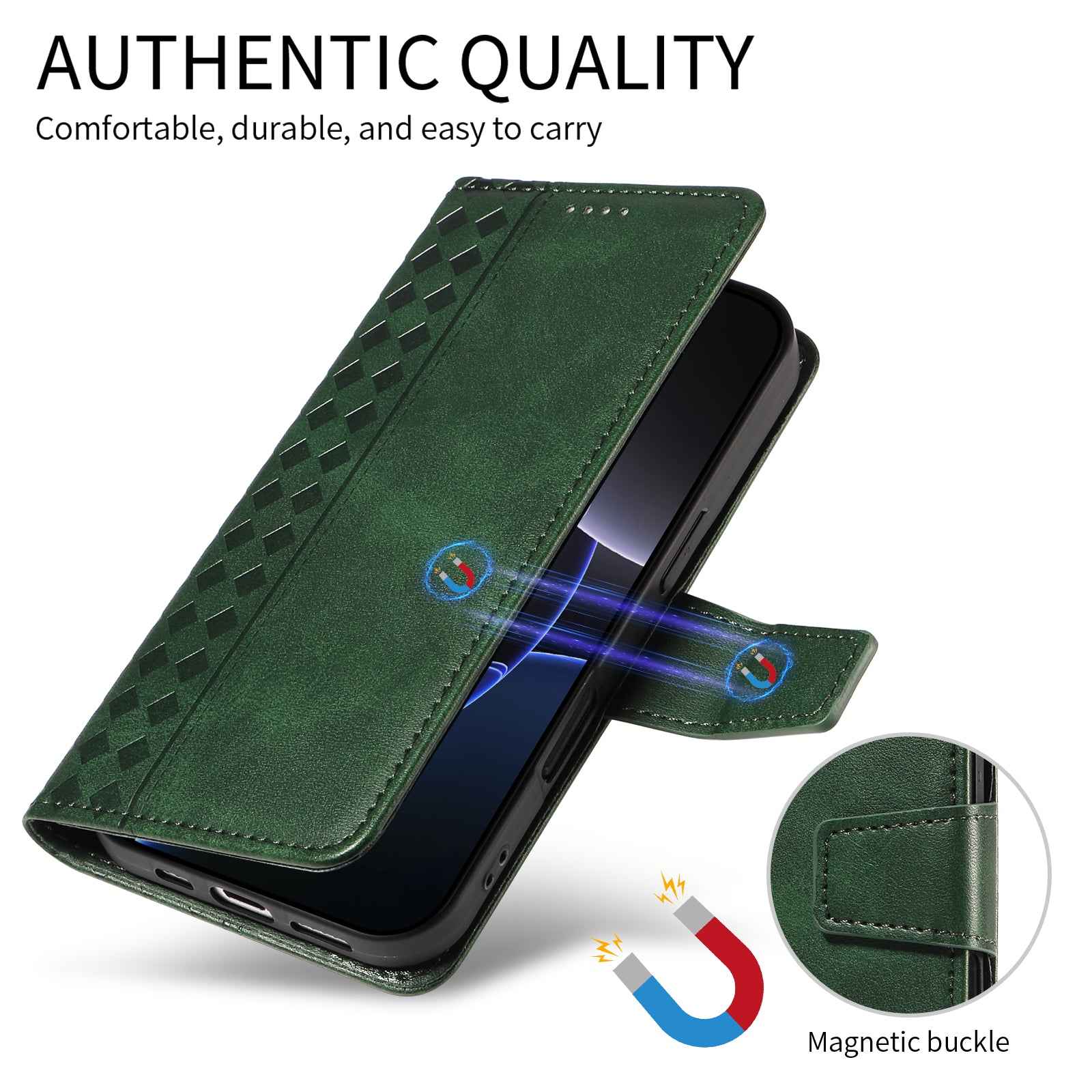 For Xiaomi 17 Pro Leather Case Wallet Stand Grids Imprinted Phone Cover with Strap - Green