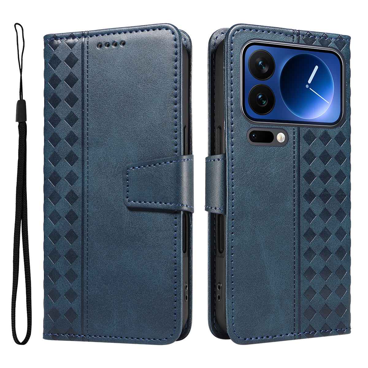 For Xiaomi 17 Pro Leather Case Wallet Stand Grids Imprinted Phone Cover with Strap - Blue