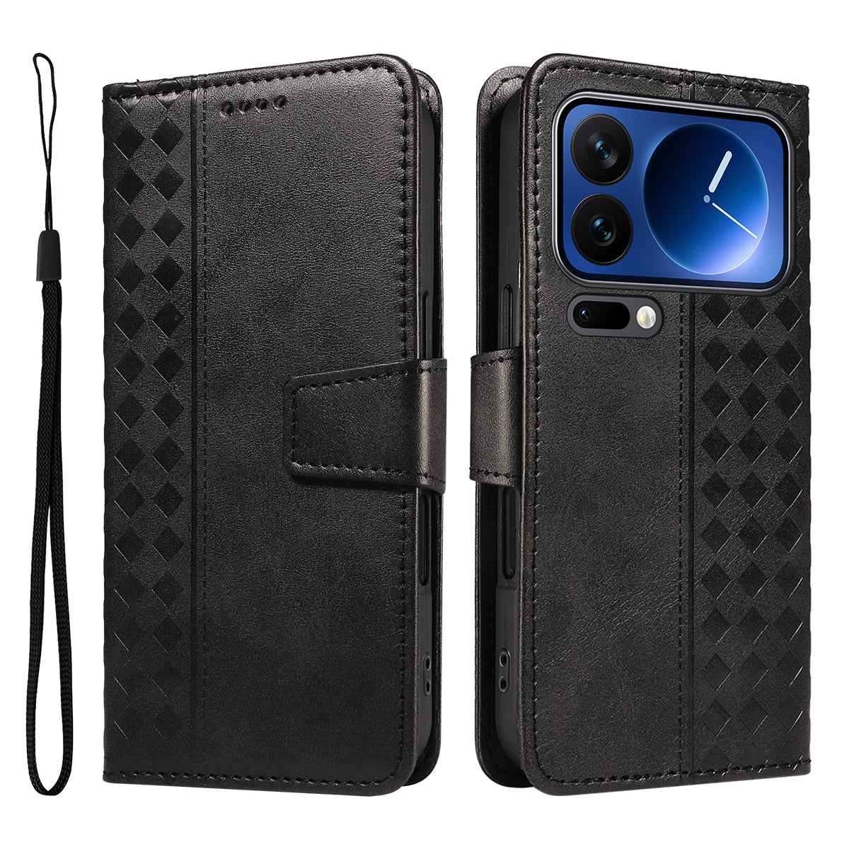 For Xiaomi 17 Pro Leather Case Wallet Stand Grids Imprinted Phone Cover with Strap - Black