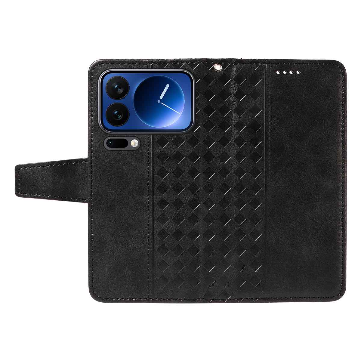 For Xiaomi 17 Pro Leather Case Wallet Stand Grids Imprinted Phone Cover with Strap - Black