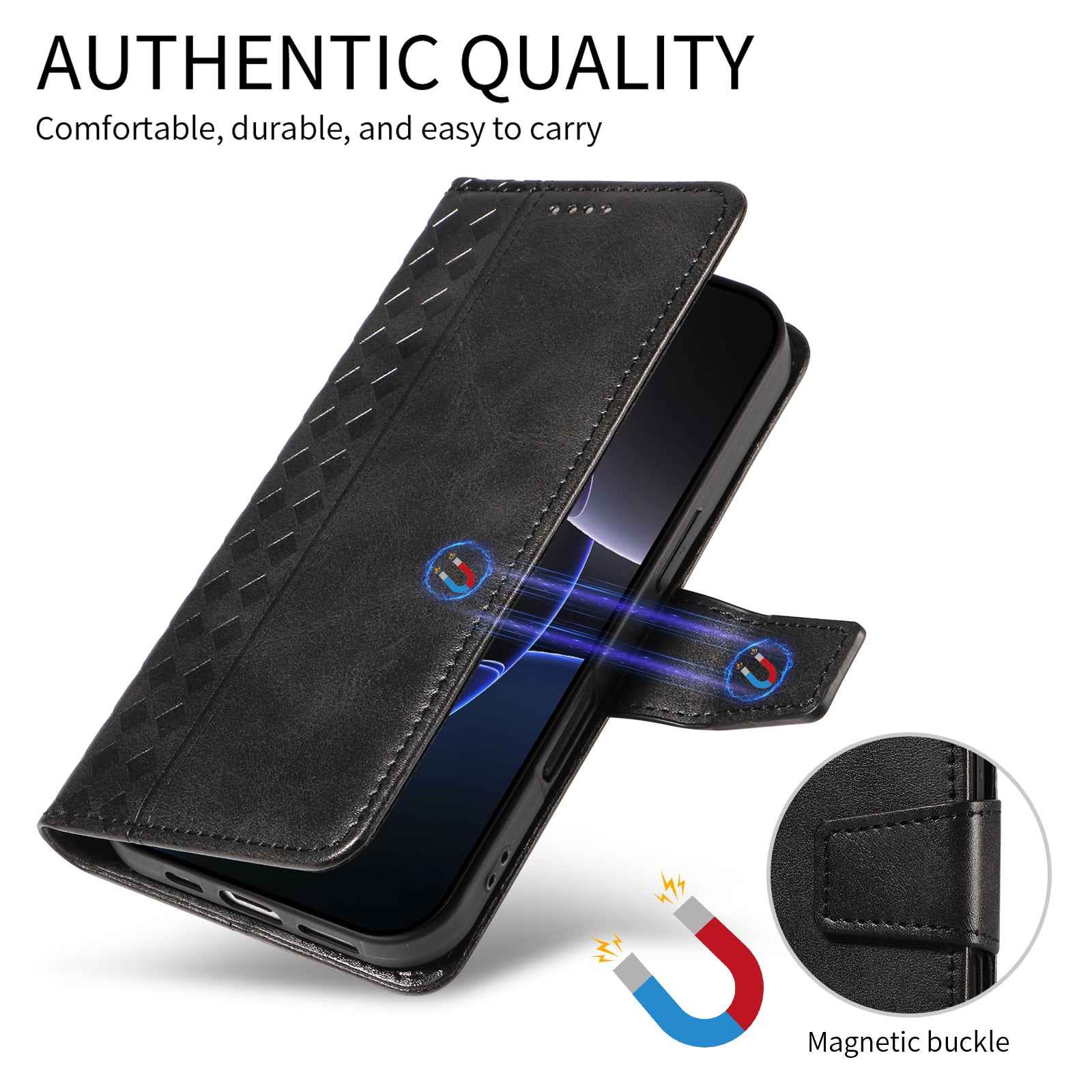 For Xiaomi 17 Pro Leather Case Wallet Stand Grids Imprinted Phone Cover with Strap - Black