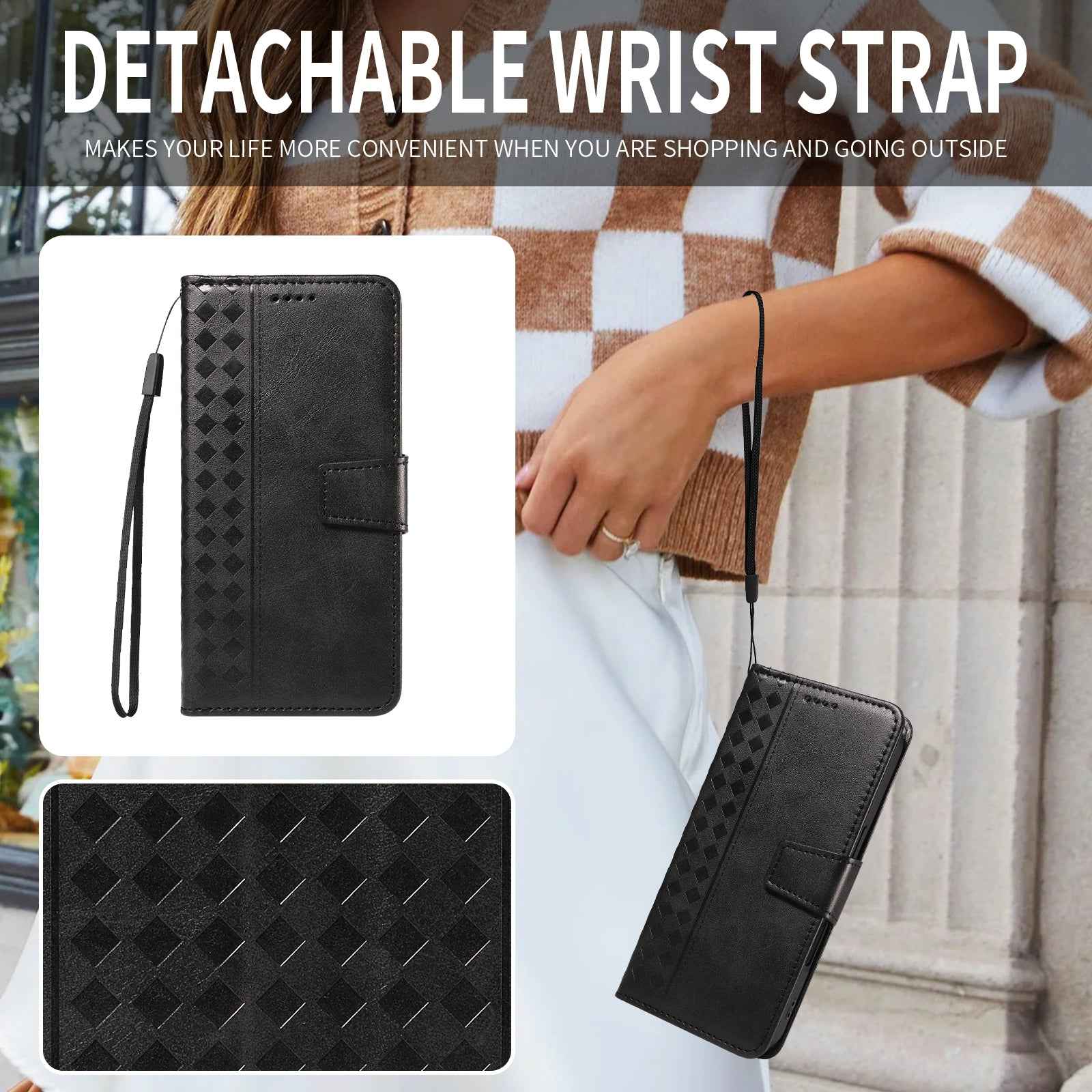 For Xiaomi 17 Pro Leather Case Wallet Stand Grids Imprinted Phone Cover with Strap - Black