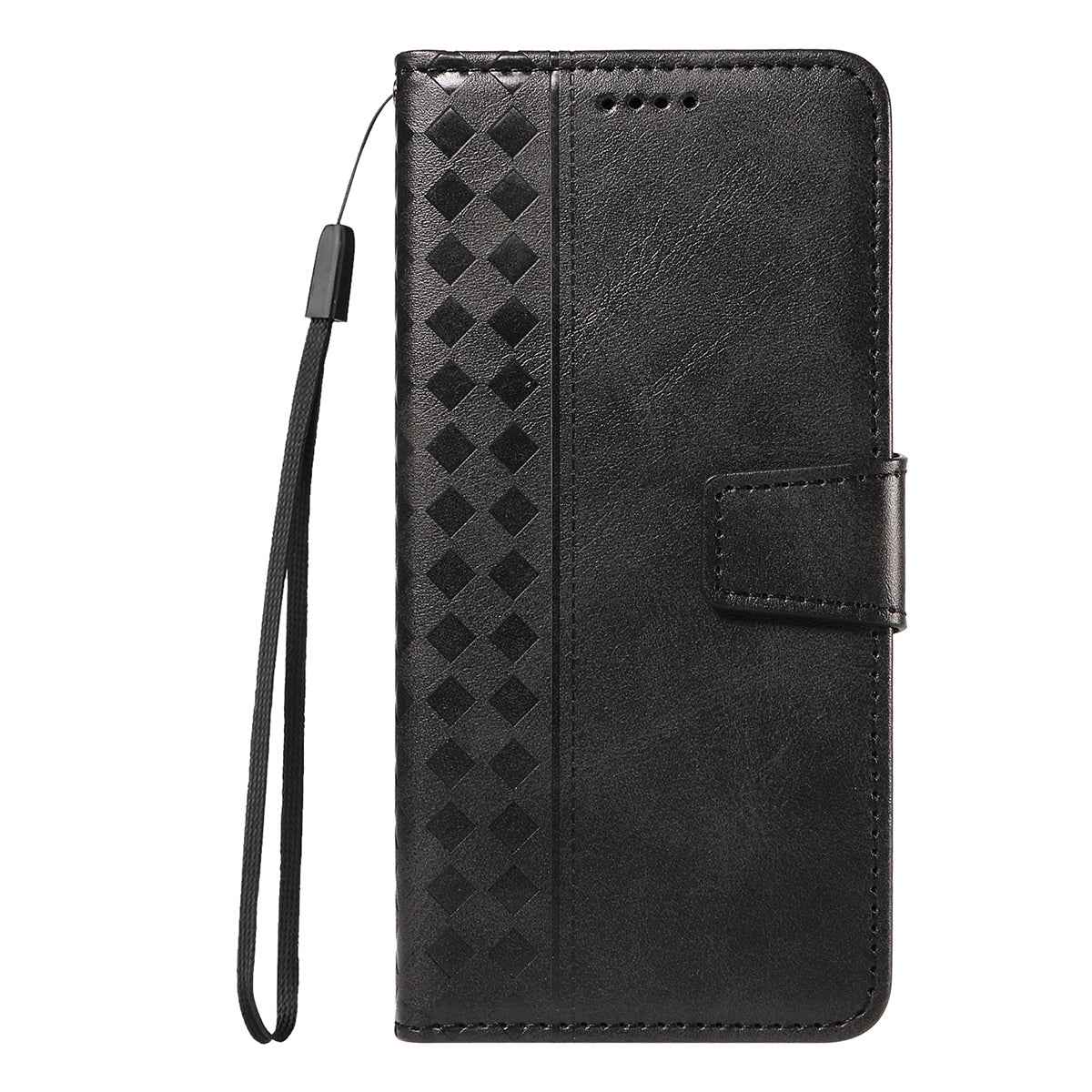 For Xiaomi 17 Pro Leather Case Wallet Stand Grids Imprinted Phone Cover with Strap - Black