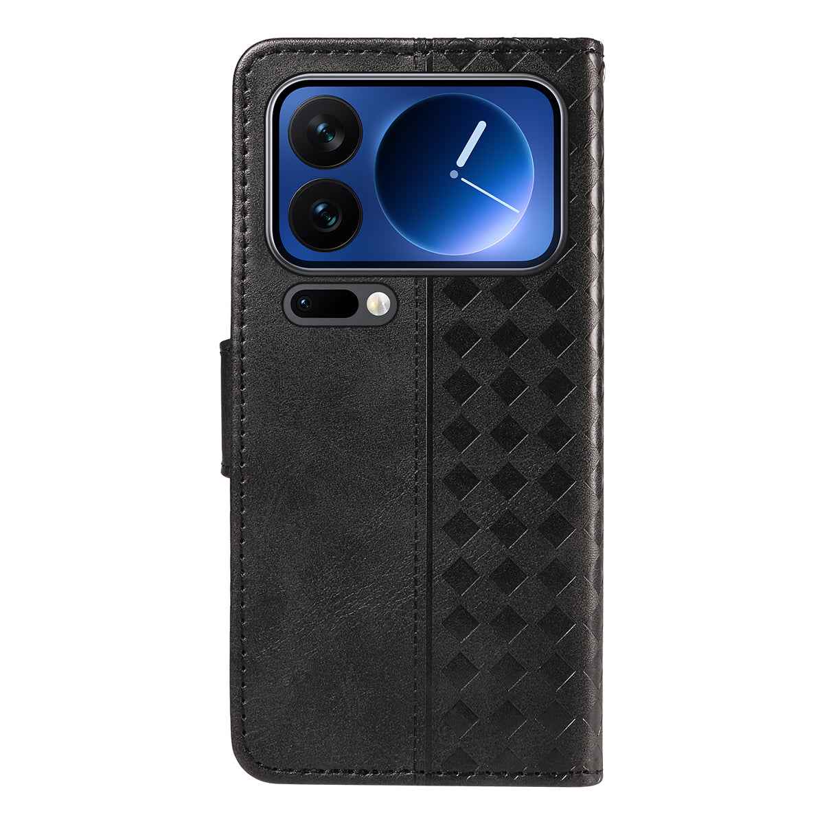 For Xiaomi 17 Pro Leather Case Wallet Stand Grids Imprinted Phone Cover with Strap - Black