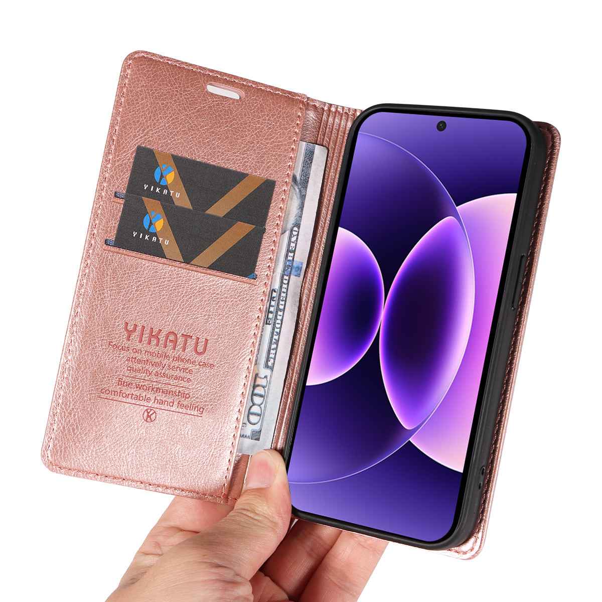 For Xiaomi 17 Pro Wallet Case YIKATU YK-006 Magnetic Closure Leather Phone Cover Litchi Texture - Rose Gold