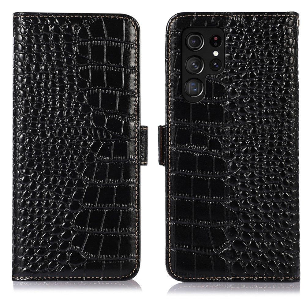 For-Samsung-Galaxy-S26-Ultra-Case-RFID-Blocking-Wallet-Crocodile-Texture-Genuine-Cow-Leather-Phone-Cover-Black