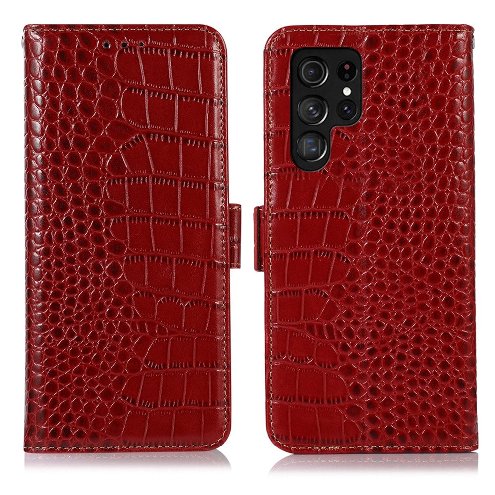 For-Samsung-Galaxy-S26-Ultra-Case-RFID-Blocking-Wallet-Crocodile-Texture-Genuine-Cow-Leather-Phone-Cover-Red